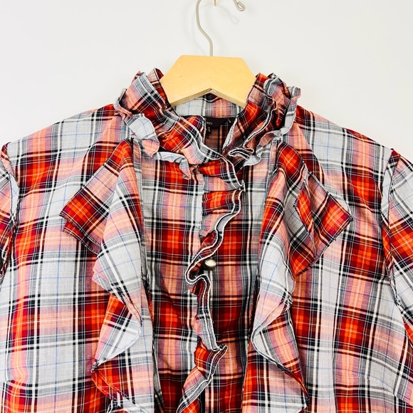 Mulberry Red and Blue Tartan Check Ruffle Front Classic Cotton Shirt UK 16 - Picture 2 of 13
